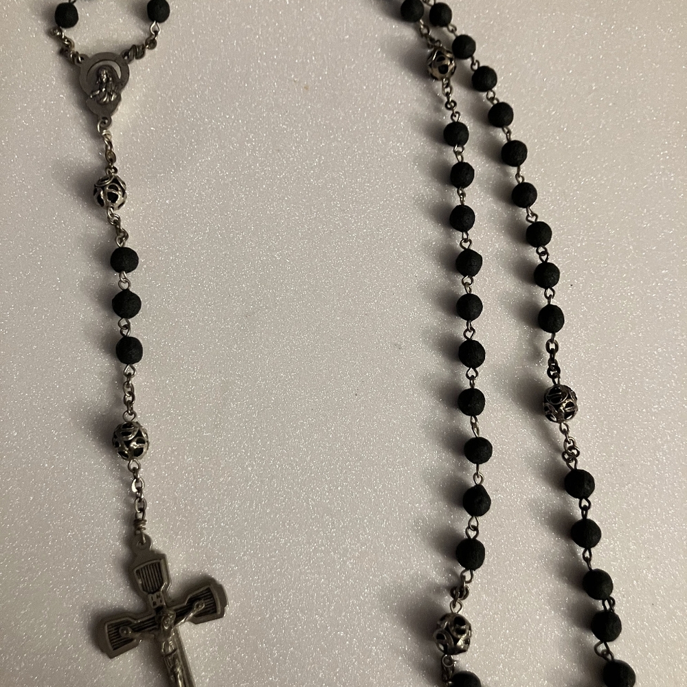 Vintage Catholic Black Round Rosary Beads Italy